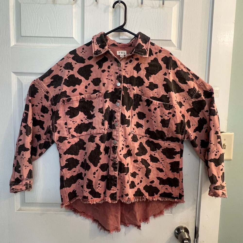 POL Distressed Denim Jacket Pink Cow Print  100% Cotton Womens Size S Distressed